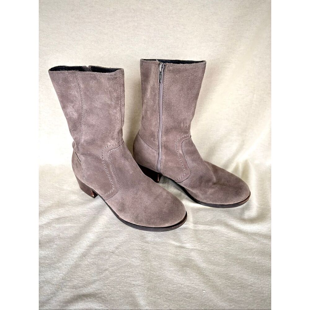 UGG Australia Suede Mid Calf Boots Womens 8 Gray Taupe Side Zip Low Heel
